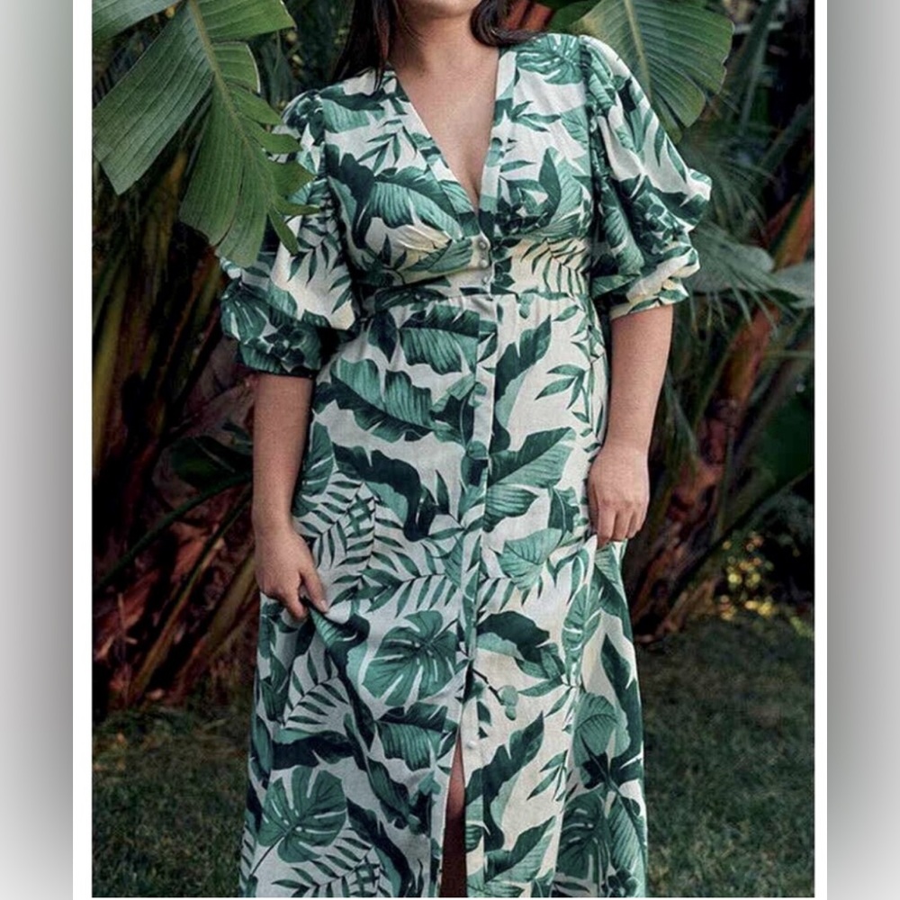 Johanna Ortiz x H&M Linen Blend Midi in Green Palm Leaf Floral Dress